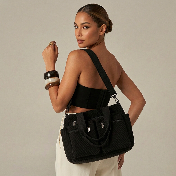 Hazel – Corduroy Multi-Pocket Work Tote Bag with Crossbody Strap