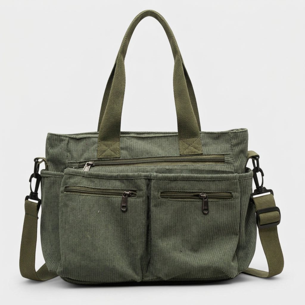 Hazel – Corduroy Multi-Pocket Work Tote Bag with Crossbody Strap
