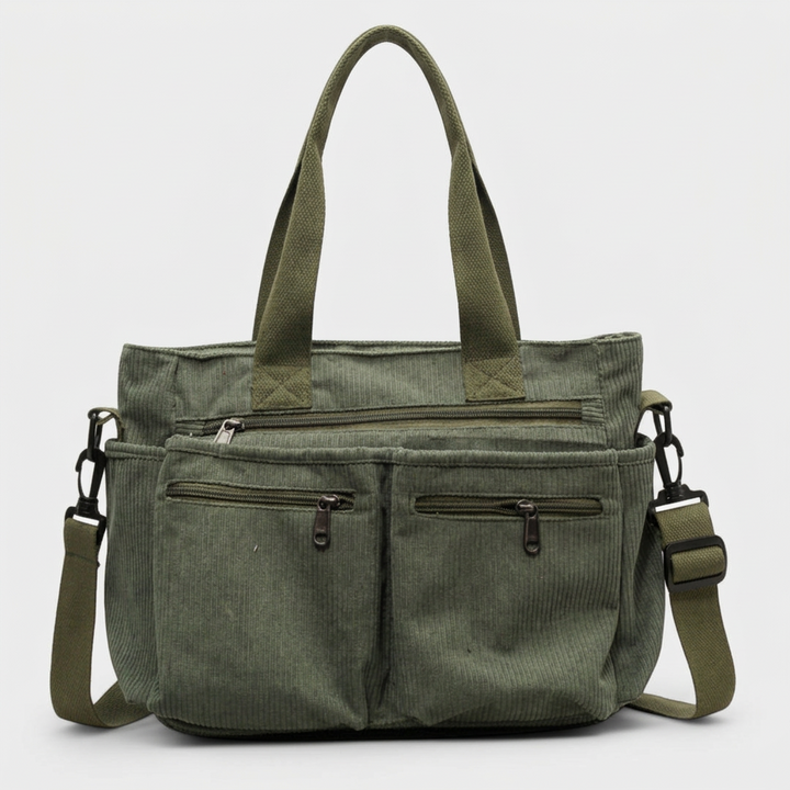 Hazel – Corduroy Multi-Pocket Work Tote Bag with Crossbody Strap