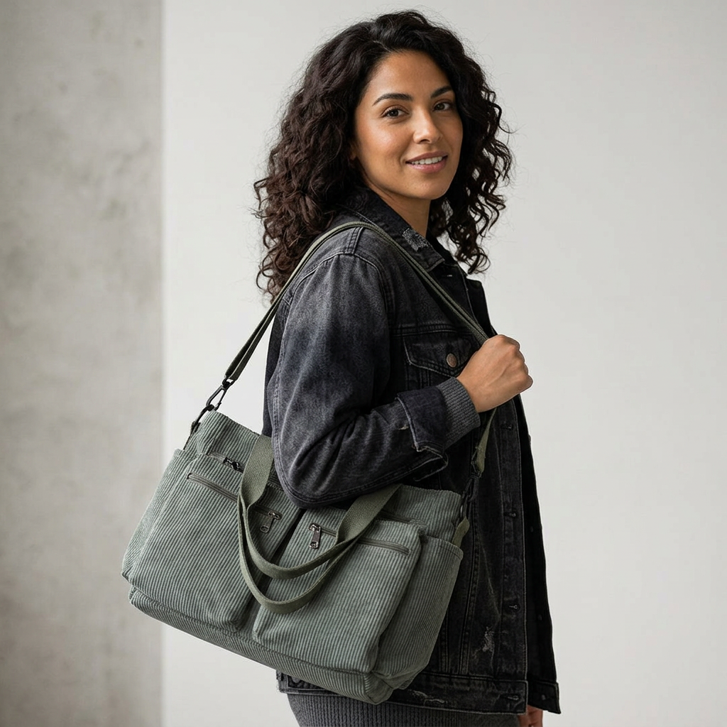 Hazel – Corduroy Multi-Pocket Work Tote Bag with Crossbody Strap