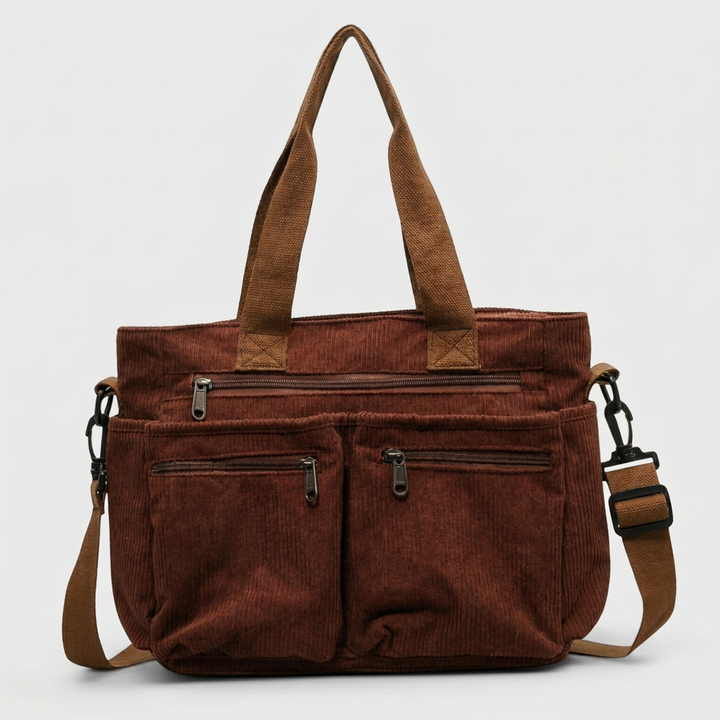 Hazel – Corduroy Multi-Pocket Work Tote Bag with Crossbody Strap