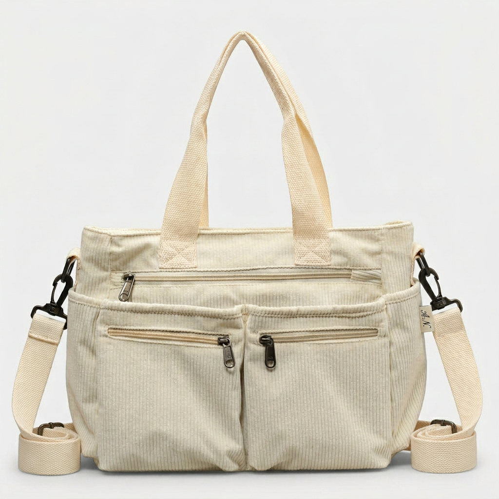 Hazel – Corduroy Multi-Pocket Work Tote Bag with Crossbody Strap
