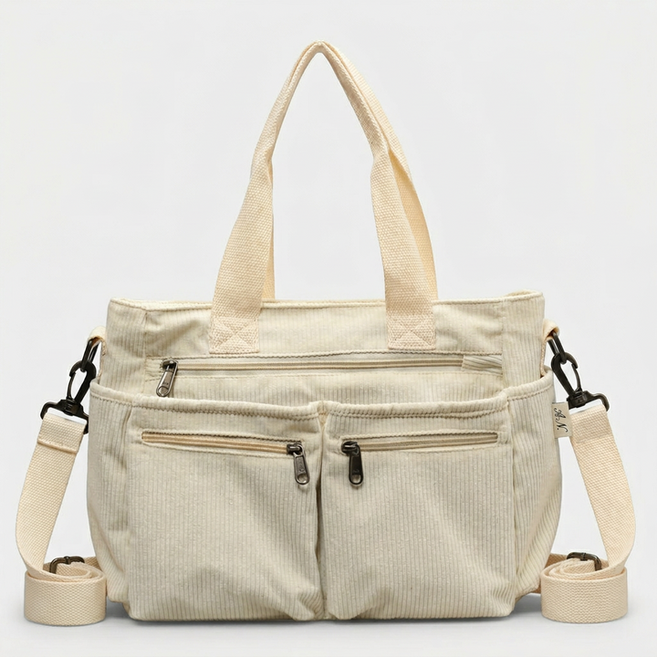 Hazel – Corduroy Multi-Pocket Work Tote Bag with Crossbody Strap