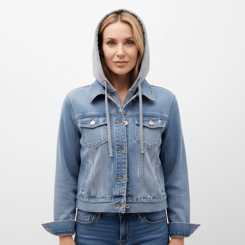 Women's Long Sleeve Vintage Denim Jacket with Removable Hood