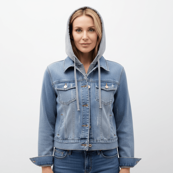 Women's Long Sleeve Vintage Denim Jacket with Removable Hood