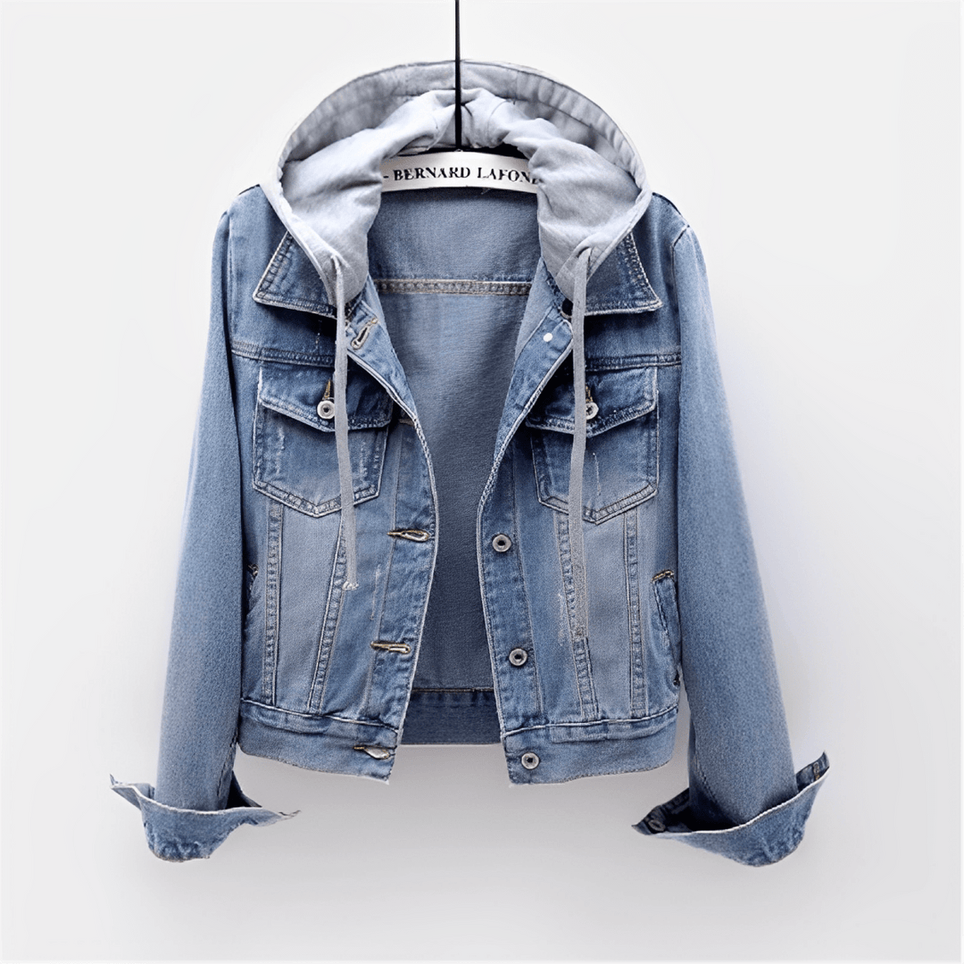 Women's Long Sleeve Vintage Denim Jacket with Removable Hood