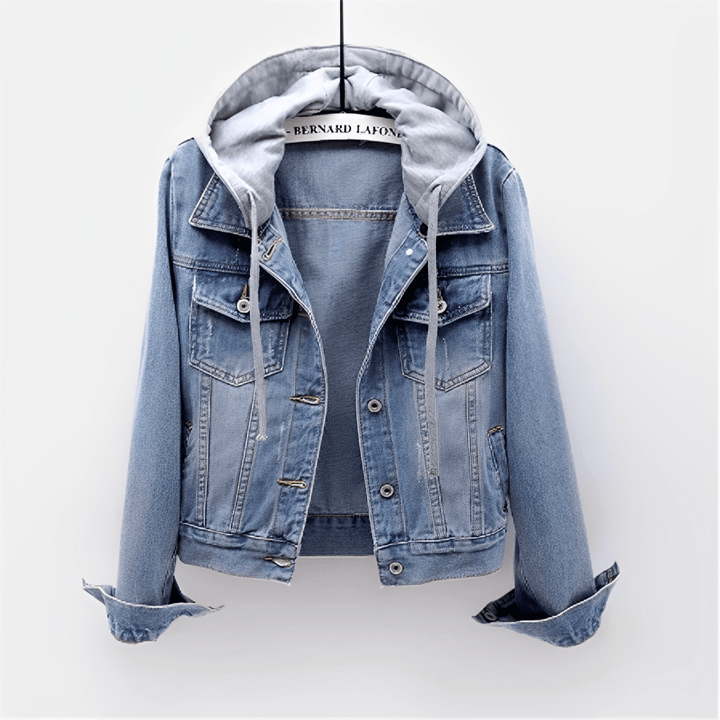 Women's Long Sleeve Vintage Denim Jacket with Removable Hood