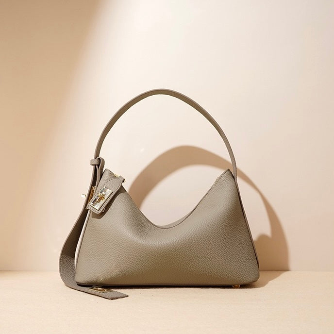 Quinn – Pebbled Shoulder Bag With Gold Lock Charm