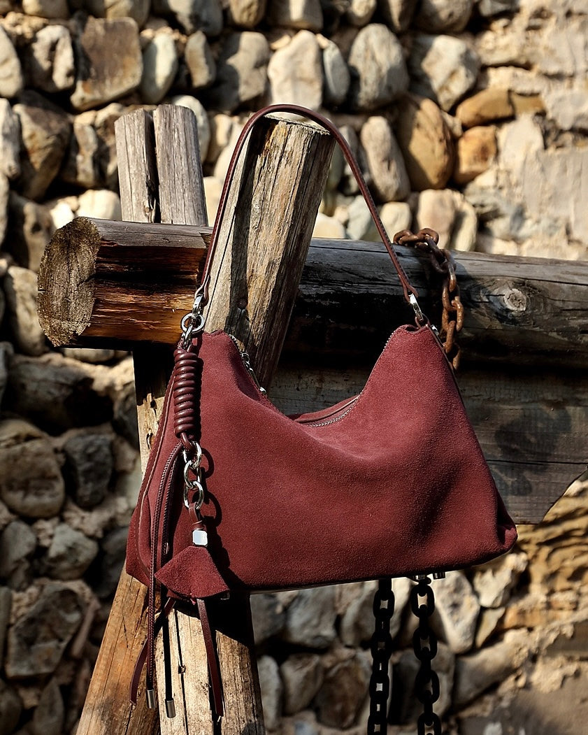 Renzo – Women's Suede Hobo Bag with Coiled Leather Detail & Tassel Charm