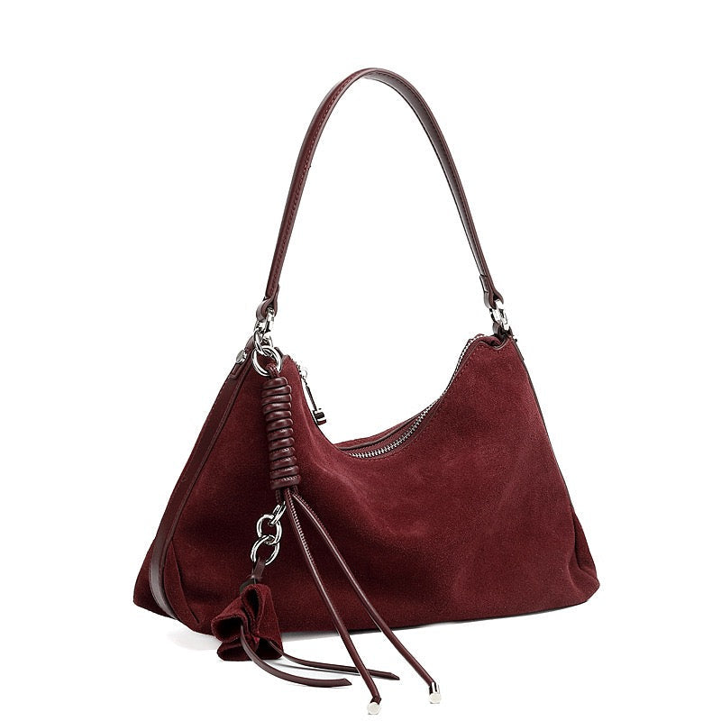 Renzo – Women's Suede Hobo Bag with Coiled Leather Detail & Tassel Charm