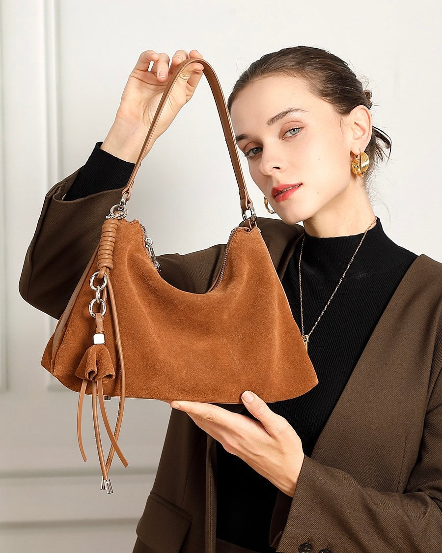 Renzo – Women's Suede Hobo Bag with Coiled Leather Detail & Tassel Charm