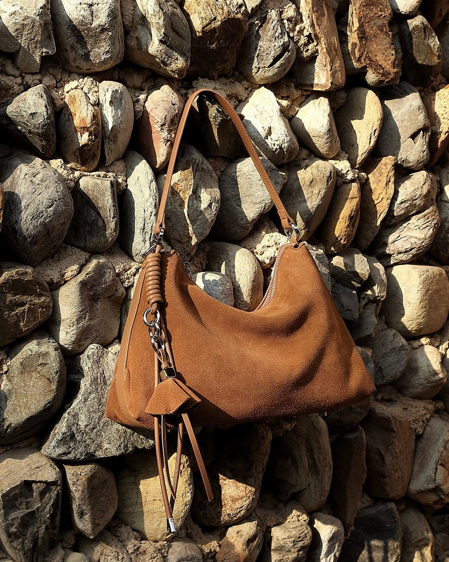 Renzo – Women's Suede Hobo Bag with Coiled Leather Detail & Tassel Charm