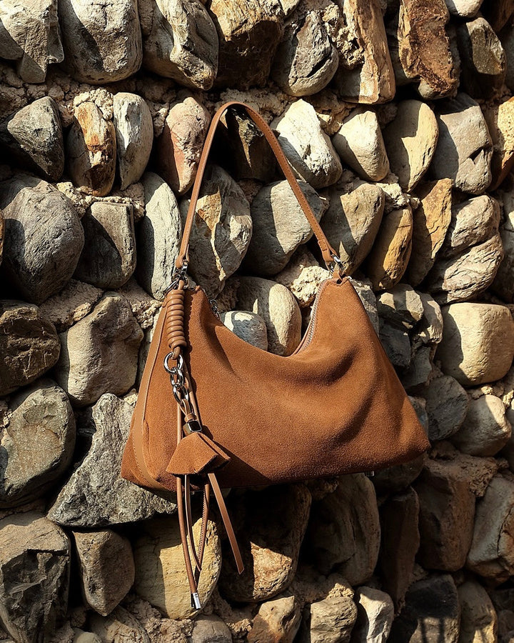 Renzo – Women's Suede Hobo Bag with Coiled Leather Detail & Tassel Charm