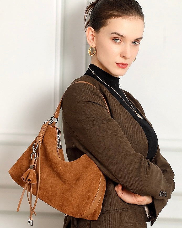 Renzo – Women's Suede Hobo Bag with Coiled Leather Detail & Tassel Charm