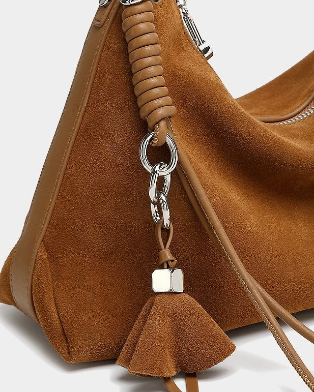 Renzo – Women's Suede Hobo Bag with Coiled Leather Detail & Tassel Charm