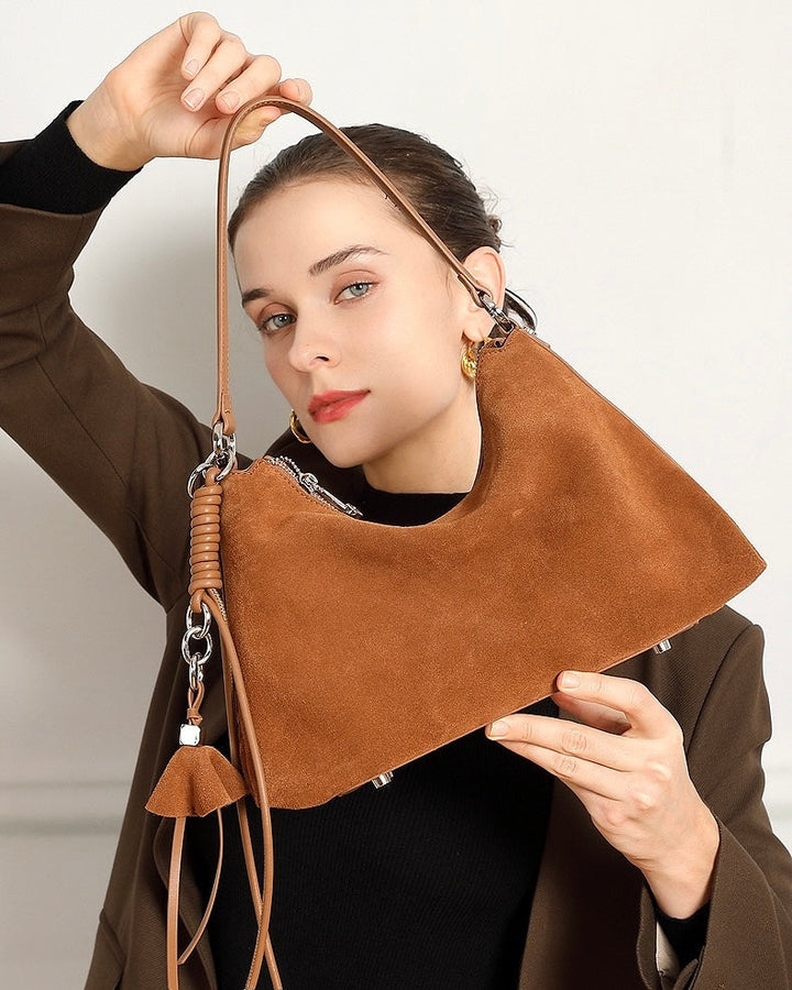 Renzo – Women's Suede Hobo Bag with Coiled Leather Detail & Tassel Charm