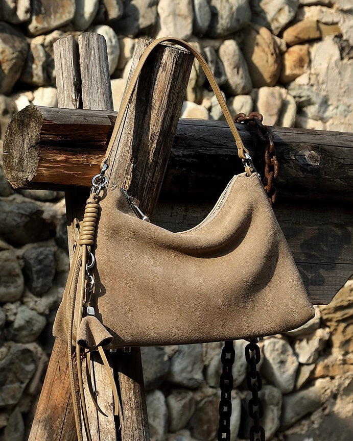 Renzo – Women's Suede Hobo Bag with Coiled Leather Detail & Tassel Charm
