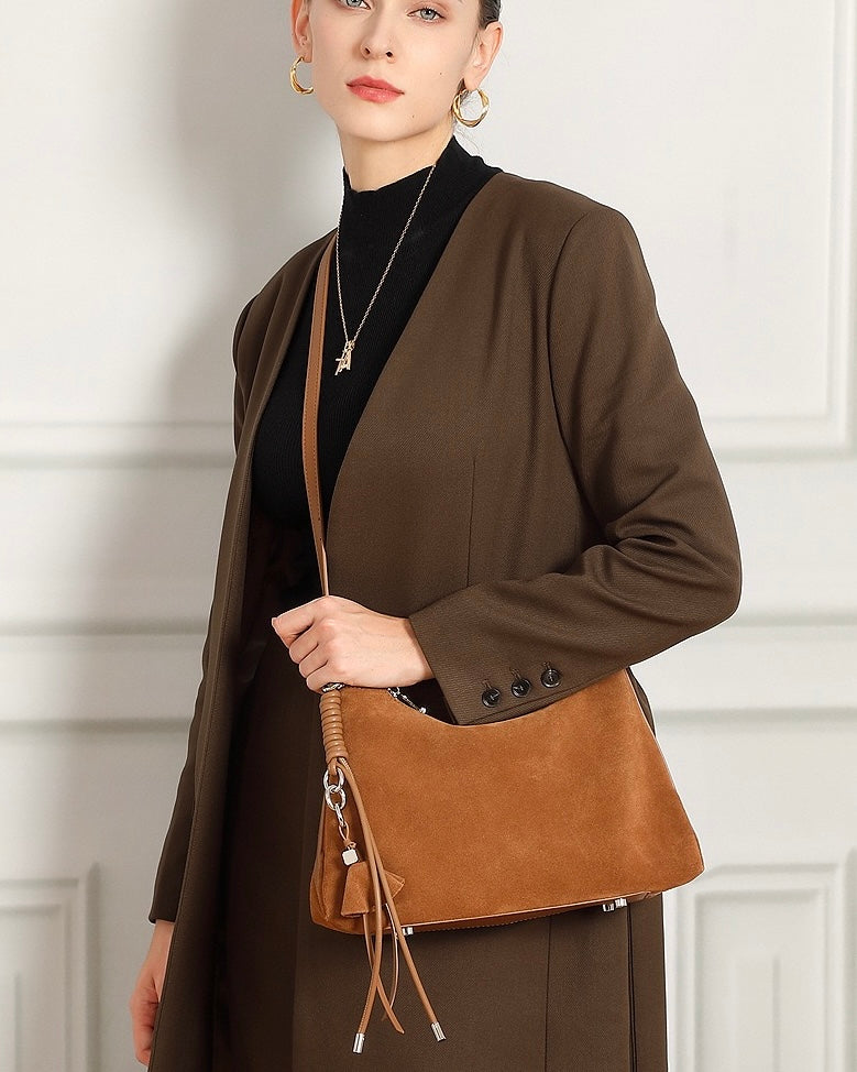Renzo – Women's Suede Hobo Bag with Coiled Leather Detail & Tassel Charm