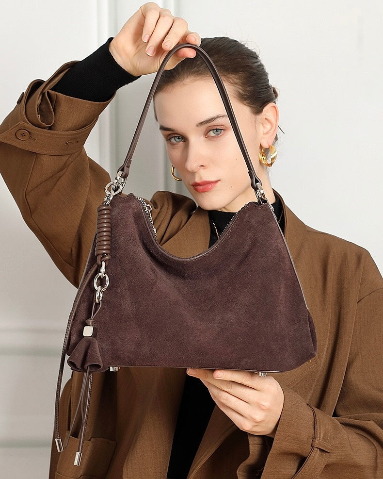 Renzo – Women's Suede Hobo Bag with Coiled Leather Detail & Tassel Charm