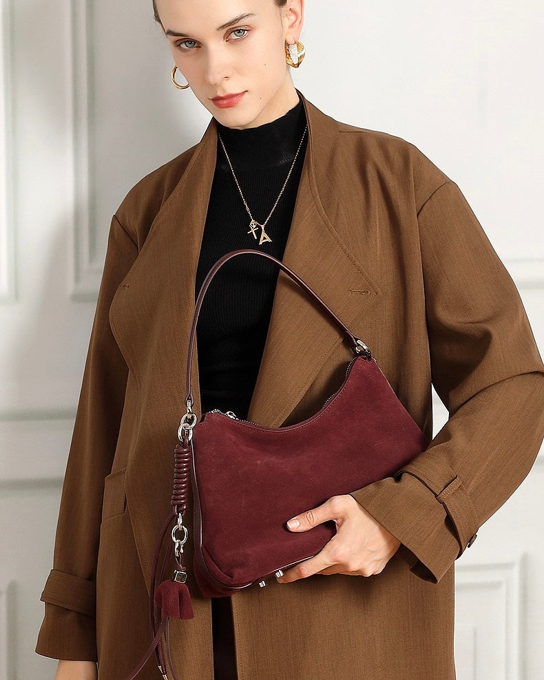 Renzo – Women's Suede Hobo Bag with Coiled Leather Detail & Tassel Charm