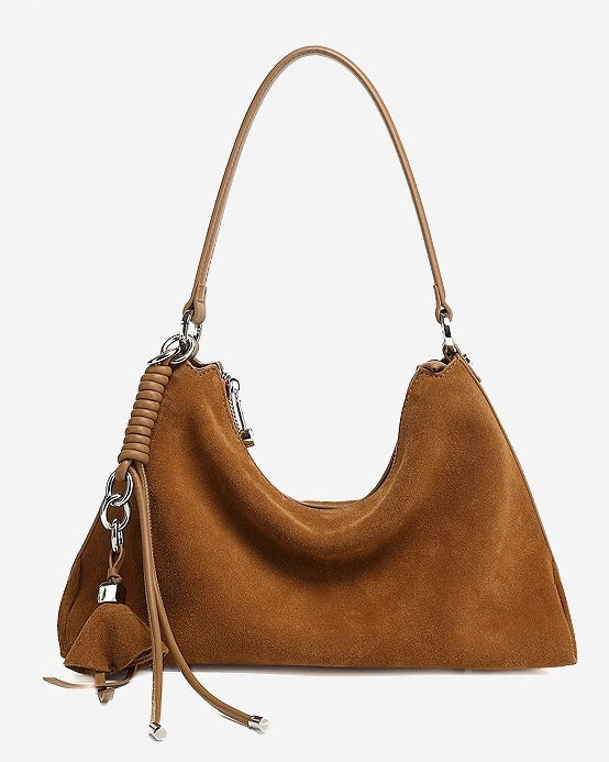 Renzo – Women's Suede Hobo Bag with Coiled Leather Detail & Tassel Charm