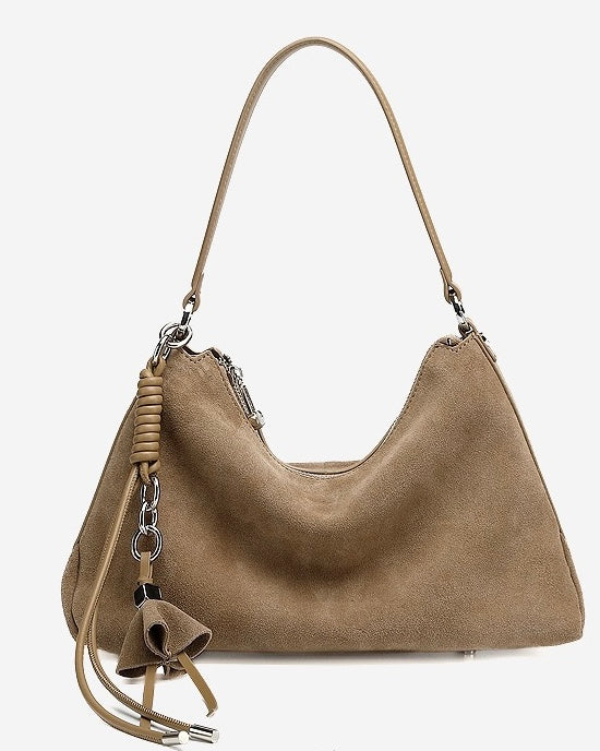 Renzo – Women's Suede Hobo Bag with Coiled Leather Detail & Tassel Charm