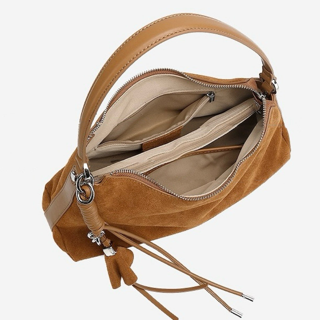 Renzo – Women's Suede Hobo Bag with Coiled Leather Detail & Tassel Charm
