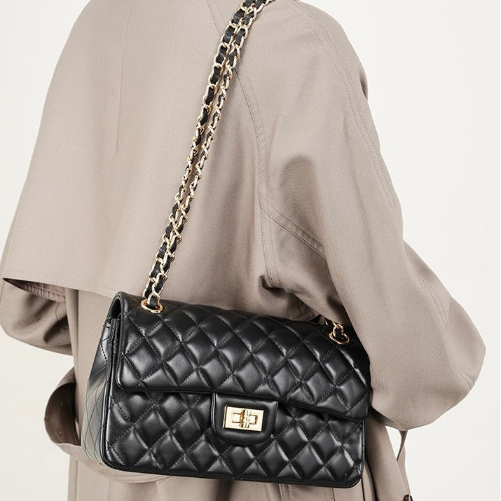 Lena – Quilted Chain Crossbody Bag, Classic Shoulder Purse with Turn-Lock Closure