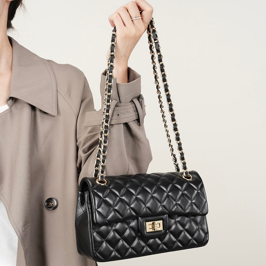 Lena – Quilted Chain Crossbody Bag, Classic Shoulder Purse with Turn-Lock Closure