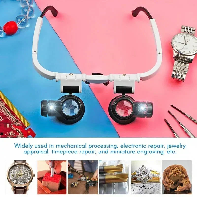 Hands-Free LED Magnifier Headset with 8x, 15x, and 23x Magnification Lenses