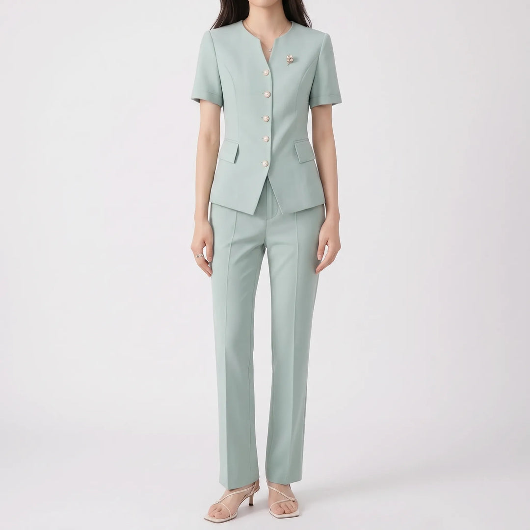 Women's Slim Fit Peplum Hem Pants Suit in Pink