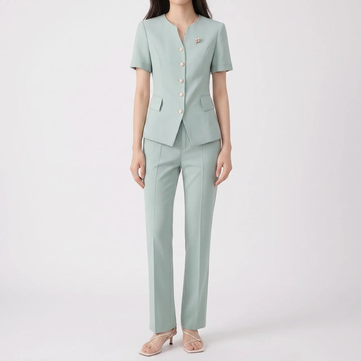 Women's Slim Fit Peplum Hem Pants Suit in Pink