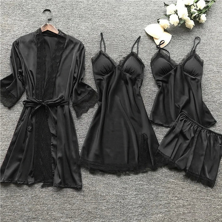 Premium Silk Satin Sleepwear Collection | Lace Trim Kimono With Cami & Shorts