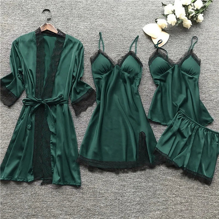 Premium Silk Satin Sleepwear Collection | Lace Trim Kimono With Cami & Shorts