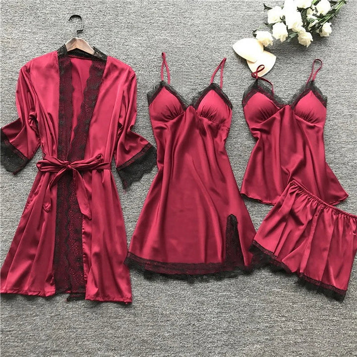 Premium Silk Satin Sleepwear Collection | Lace Trim Kimono With Cami & Shorts