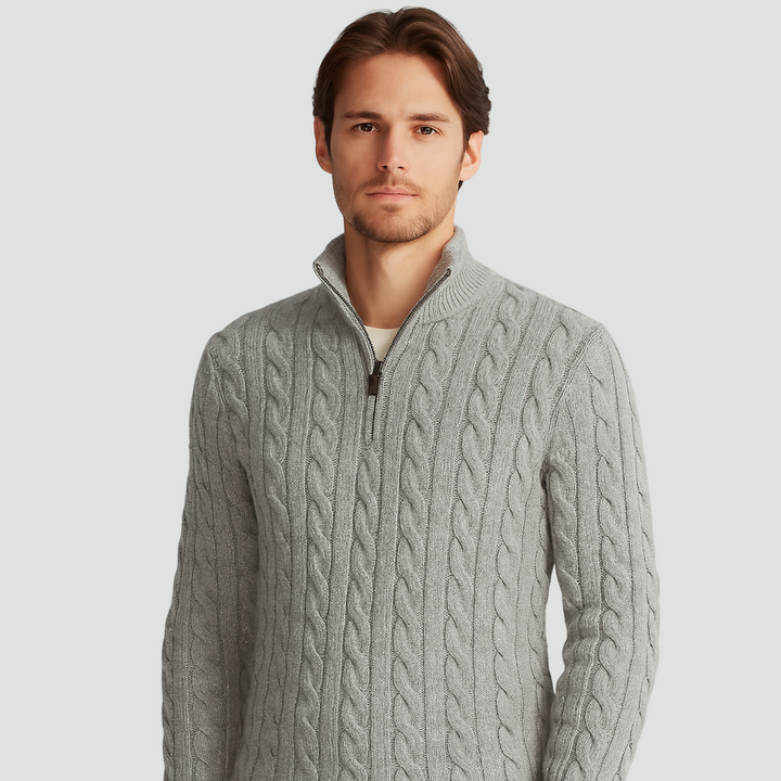 Cable Knit Half-Zip Sweater for Men with High Collar