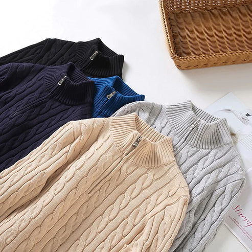 Cable Knit Half-Zip Sweater for Men with High Collar