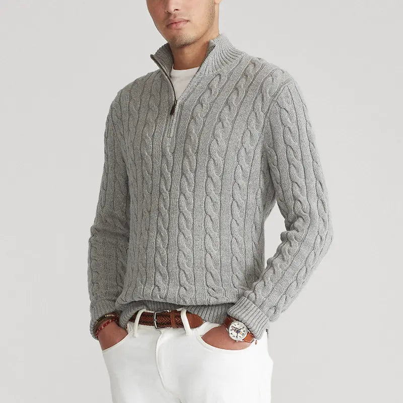 Cable Knit Half-Zip Sweater for Men with High Collar