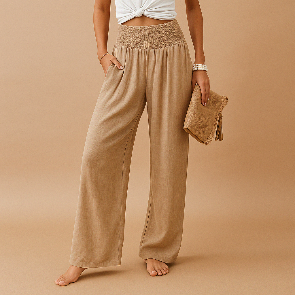 Breathable Linen Blend High-Waist Trousers for Women – Elastic Waist Casual Pants