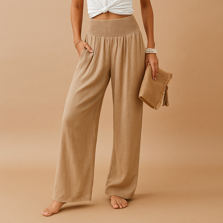 Breathable Linen Blend High-Waist Trousers for Women – Elastic Waist Casual Pants