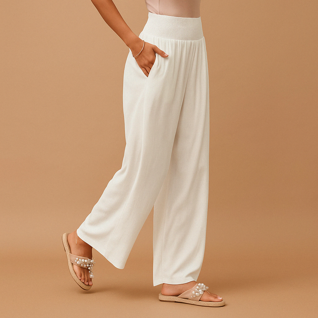Breathable Linen Blend High-Waist Trousers for Women – Elastic Waist Casual Pants