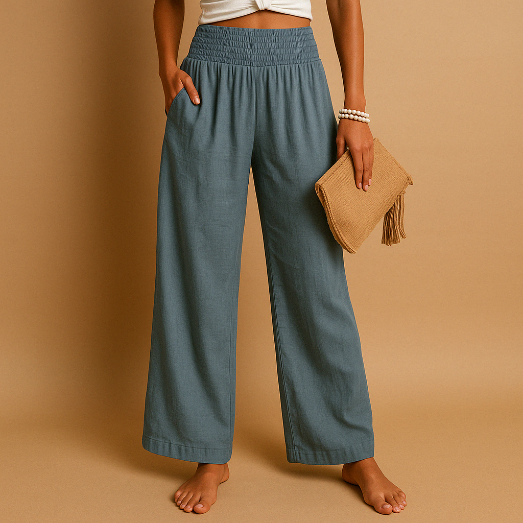 Breathable Linen Blend High-Waist Trousers for Women – Elastic Waist Casual Pants