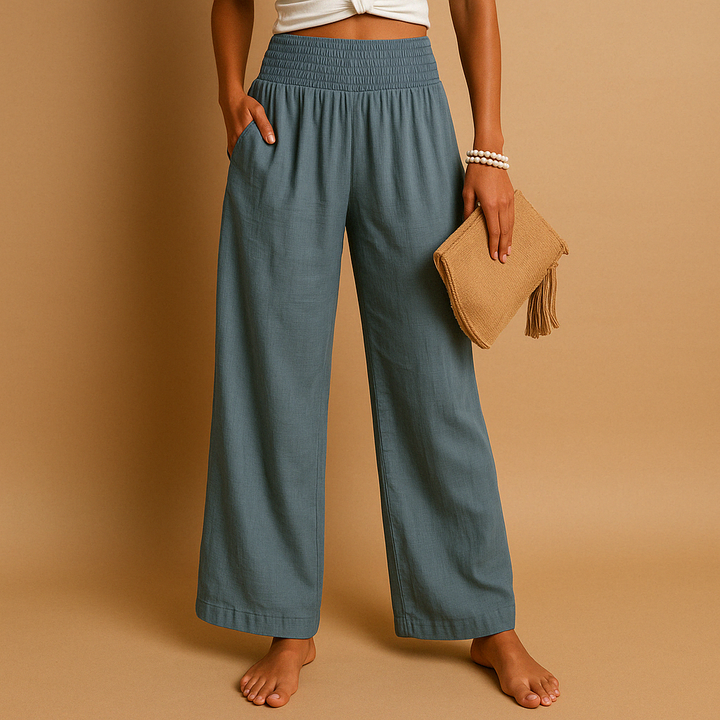 Breathable Linen Blend High-Waist Trousers for Women – Elastic Waist Casual Pants