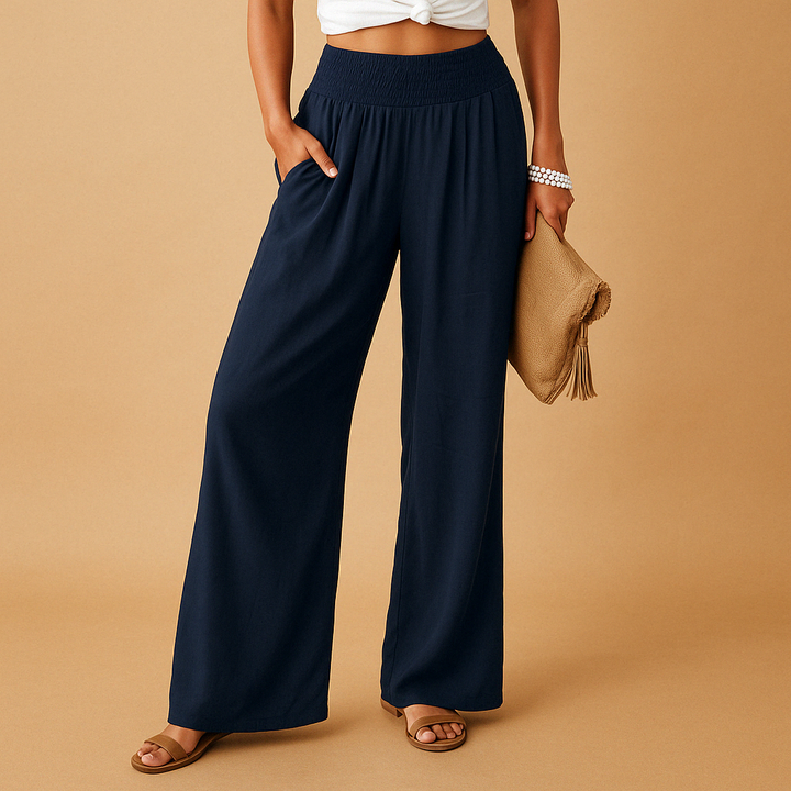 Breathable Linen Blend High-Waist Trousers for Women – Elastic Waist Casual Pants