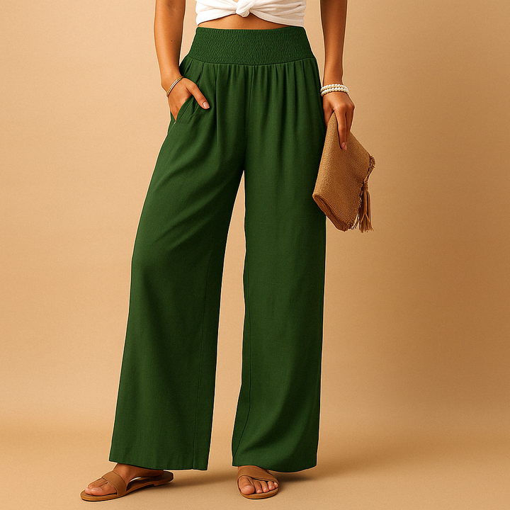 Breathable Linen Blend High-Waist Trousers for Women – Elastic Waist Casual Pants