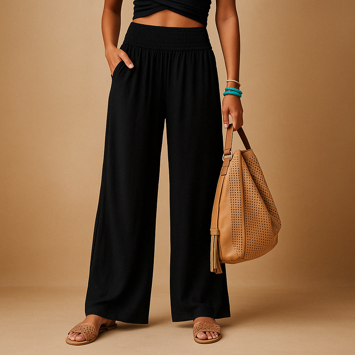 Breathable Linen Blend High-Waist Trousers for Women – Elastic Waist Casual Pants