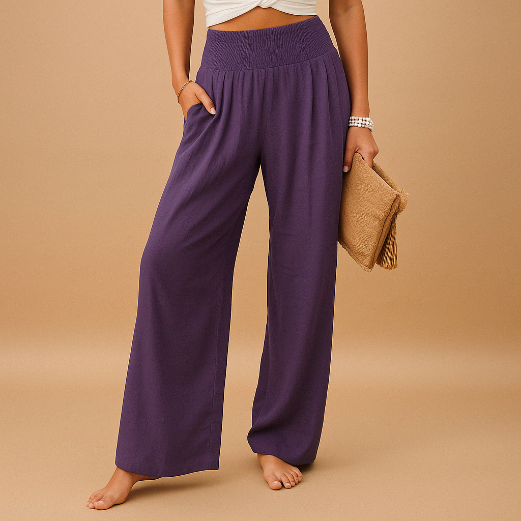 Breathable Linen Blend High-Waist Trousers for Women – Elastic Waist Casual Pants
