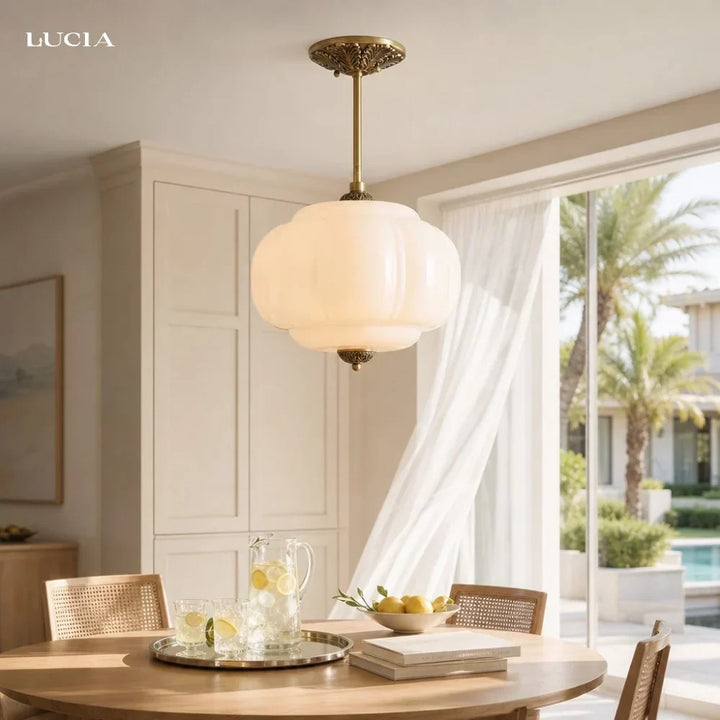Lumi Antique Brass Green Glass Pumpkin Semi-Flush Mount Eloise Pendant