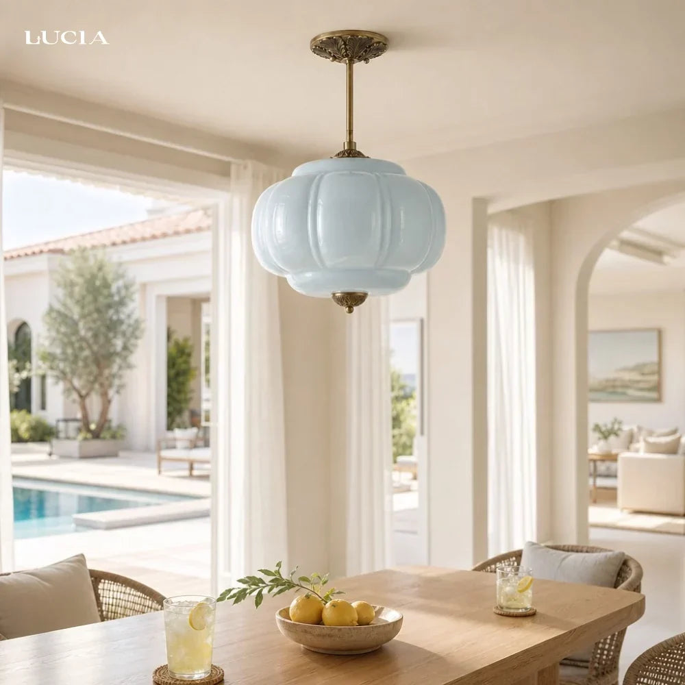 Lumi Antique Brass Green Glass Pumpkin Semi-Flush Mount Eloise Pendant