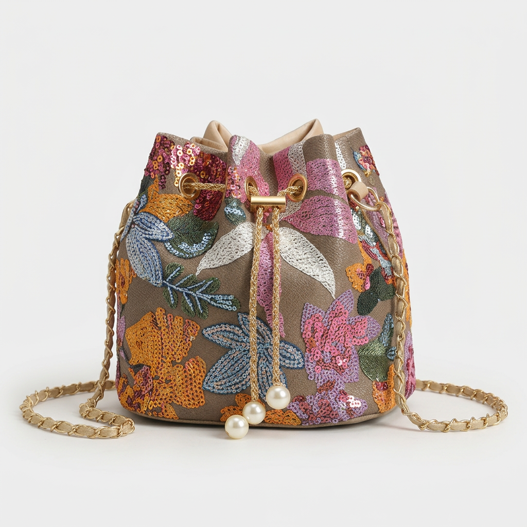 Lumi – Sequin Floral Embroidered Bucket Bag